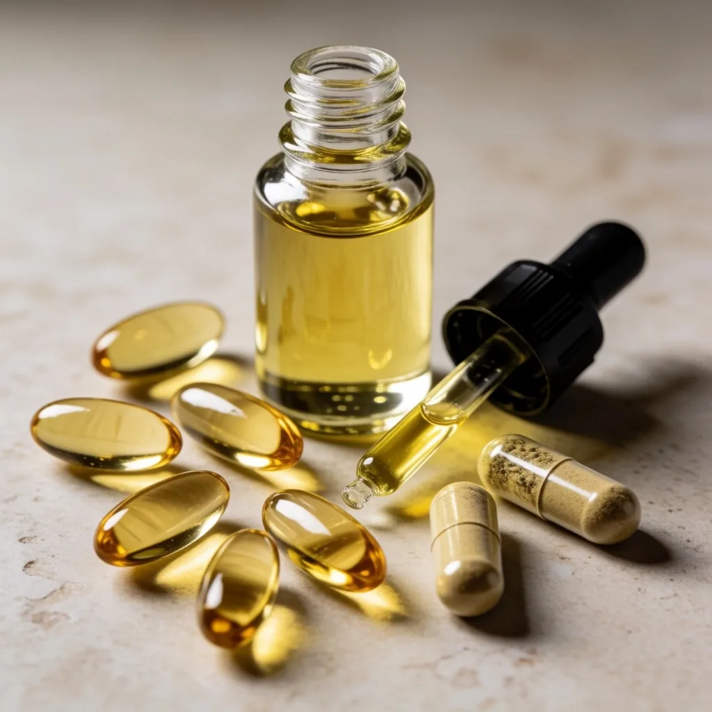 Supplement capsules and bottles on stone