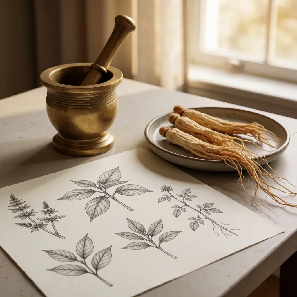 Editorial research desk with botanical specimens and reference books