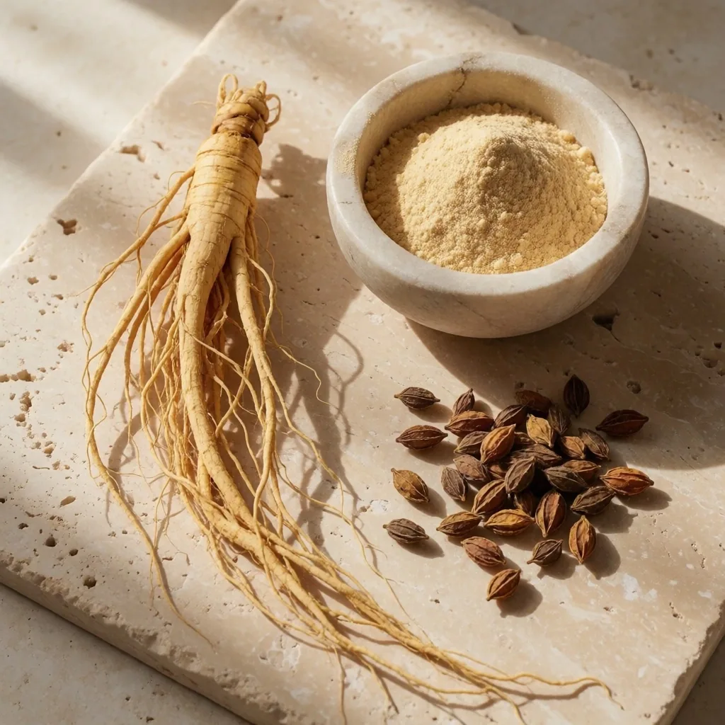 Botanical supplement ingredients arranged on stone