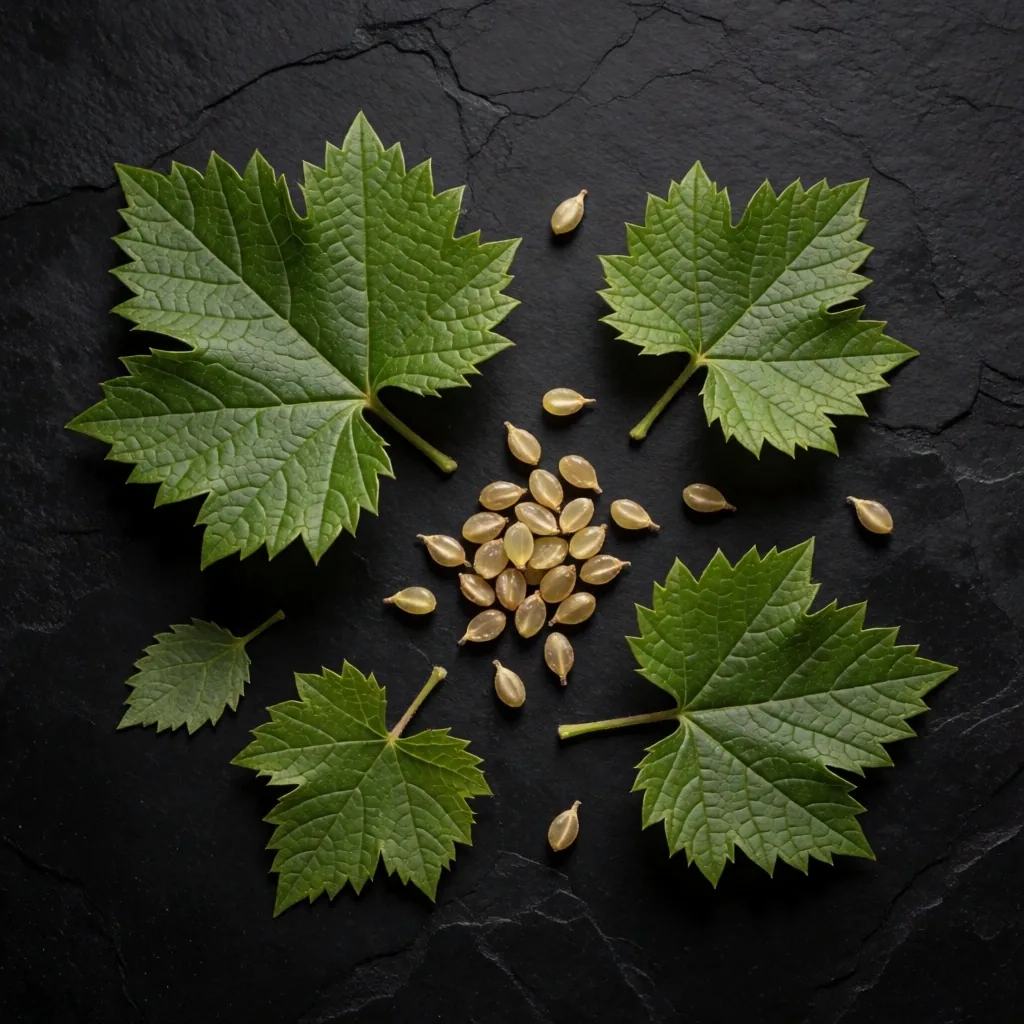 Green tea leaves and grape seeds on dark surface