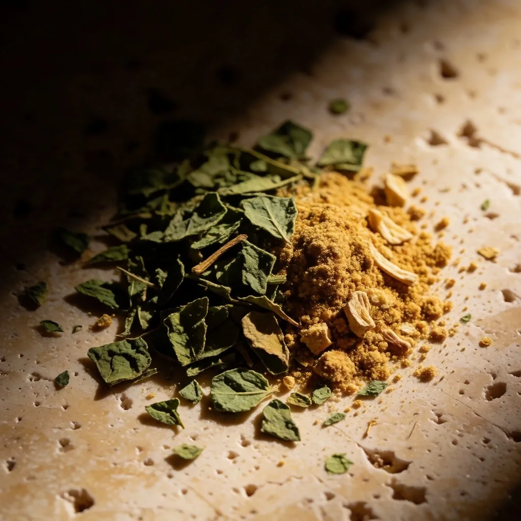 Crushed botanical ingredients on stone
