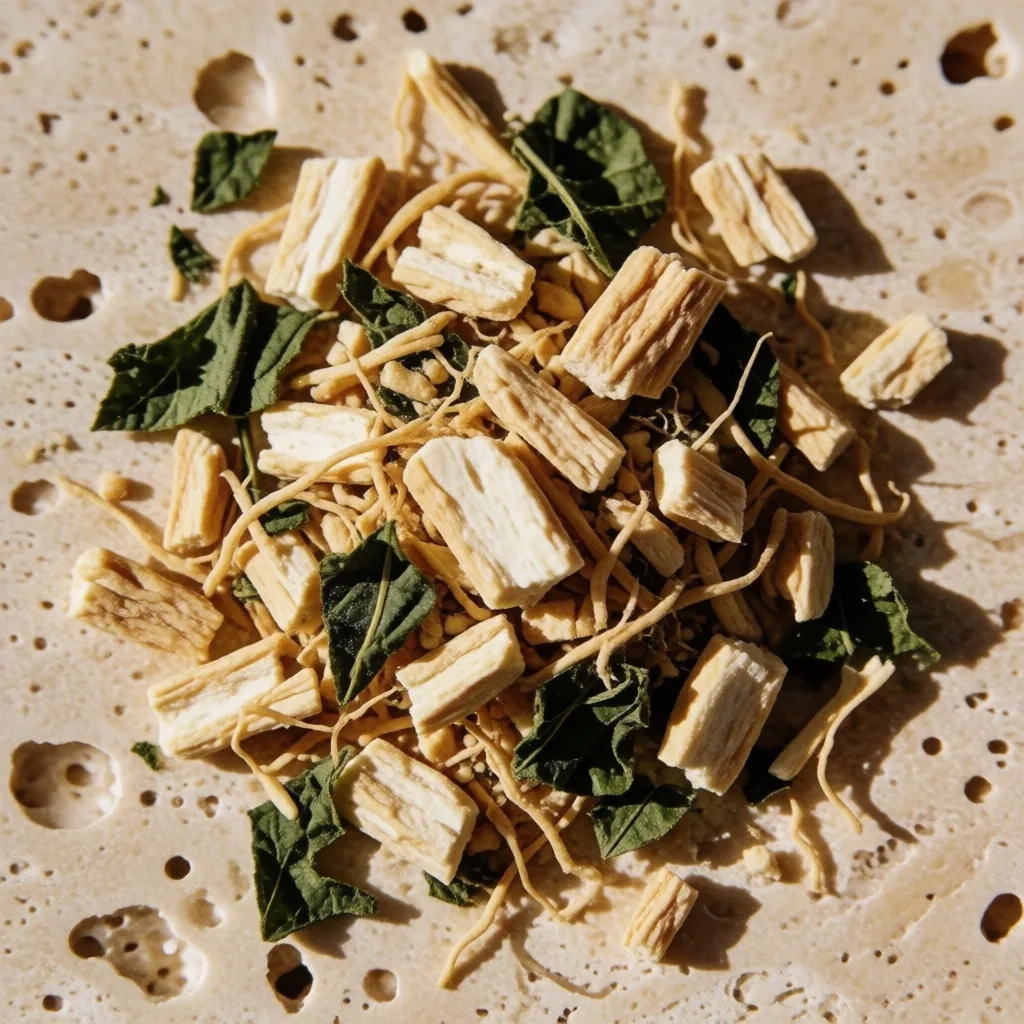 Crushed botanical ingredients on travertine stone